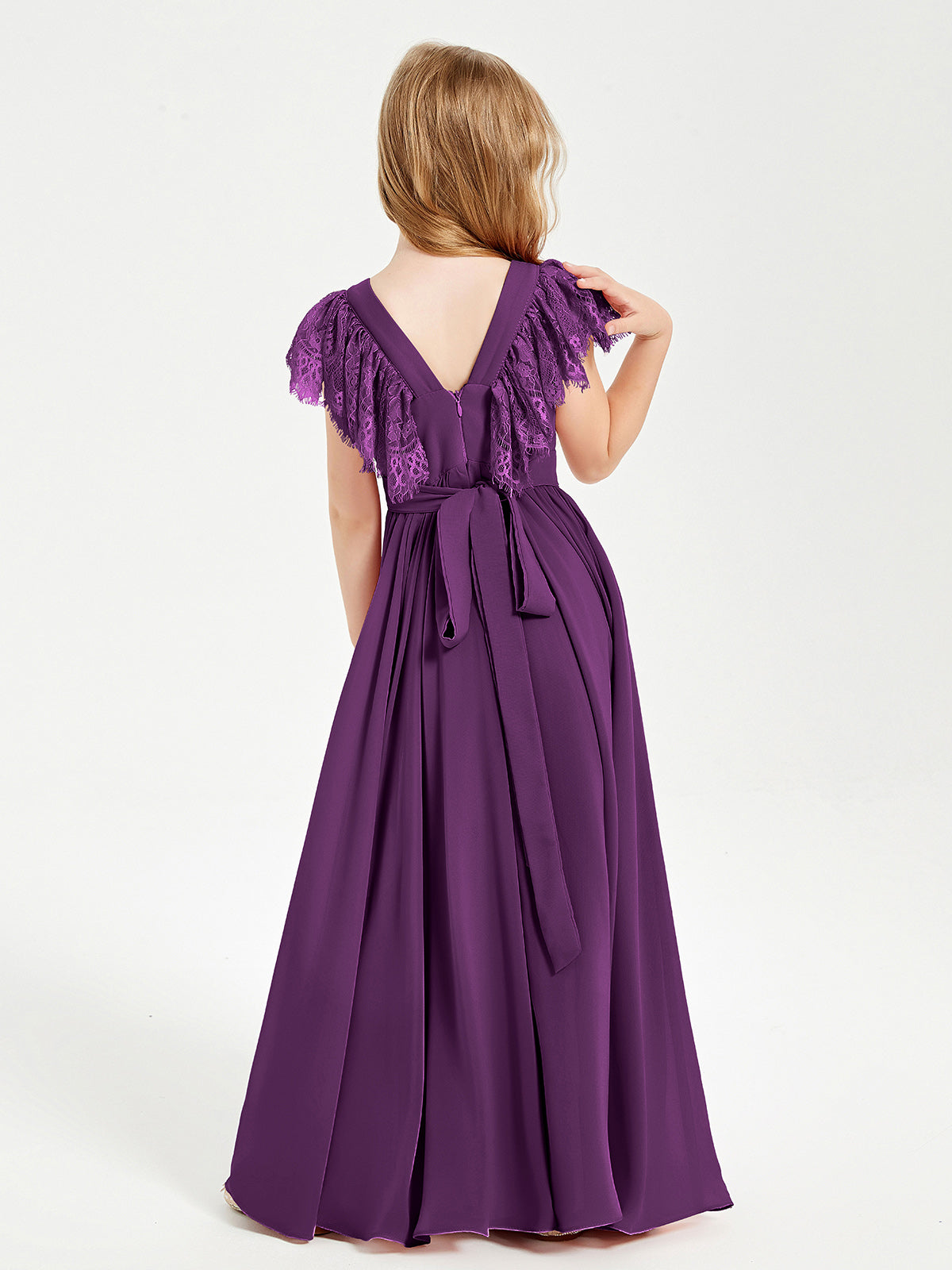 Chiffon Junior Bridesmaid Dresses with Lace Flutter Sleeves Grape